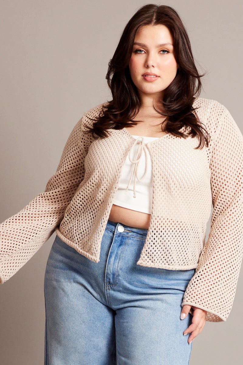 Beige Crochet Cardigan Long Sleeve V-neck Tie Up - Image 3
