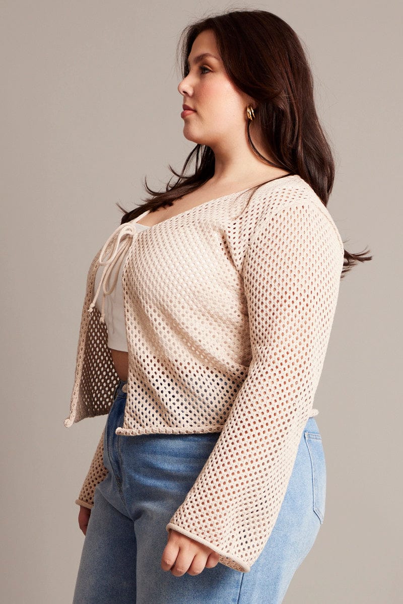 Beige Crochet Cardigan Long Sleeve V-neck Tie Up - Image 4
