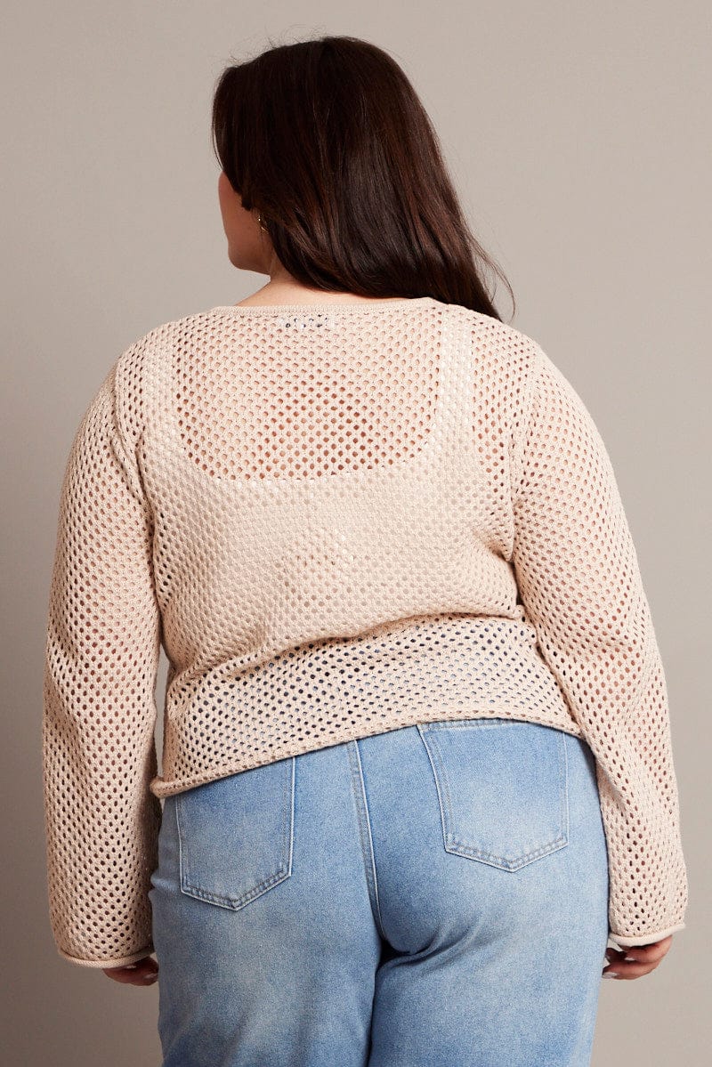 Beige Crochet Cardigan Long Sleeve V-neck Tie Up - Image 5
