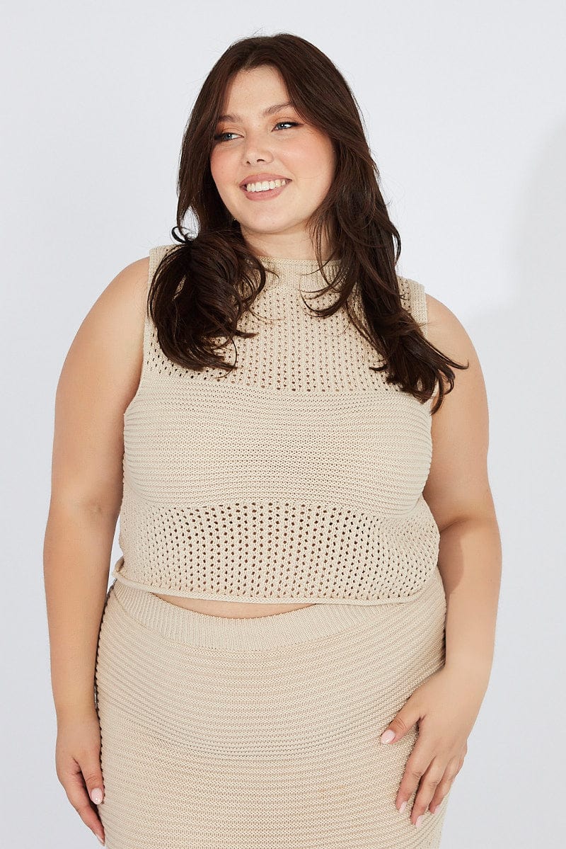 Beige Crochet Knit Tank Top - Image 3