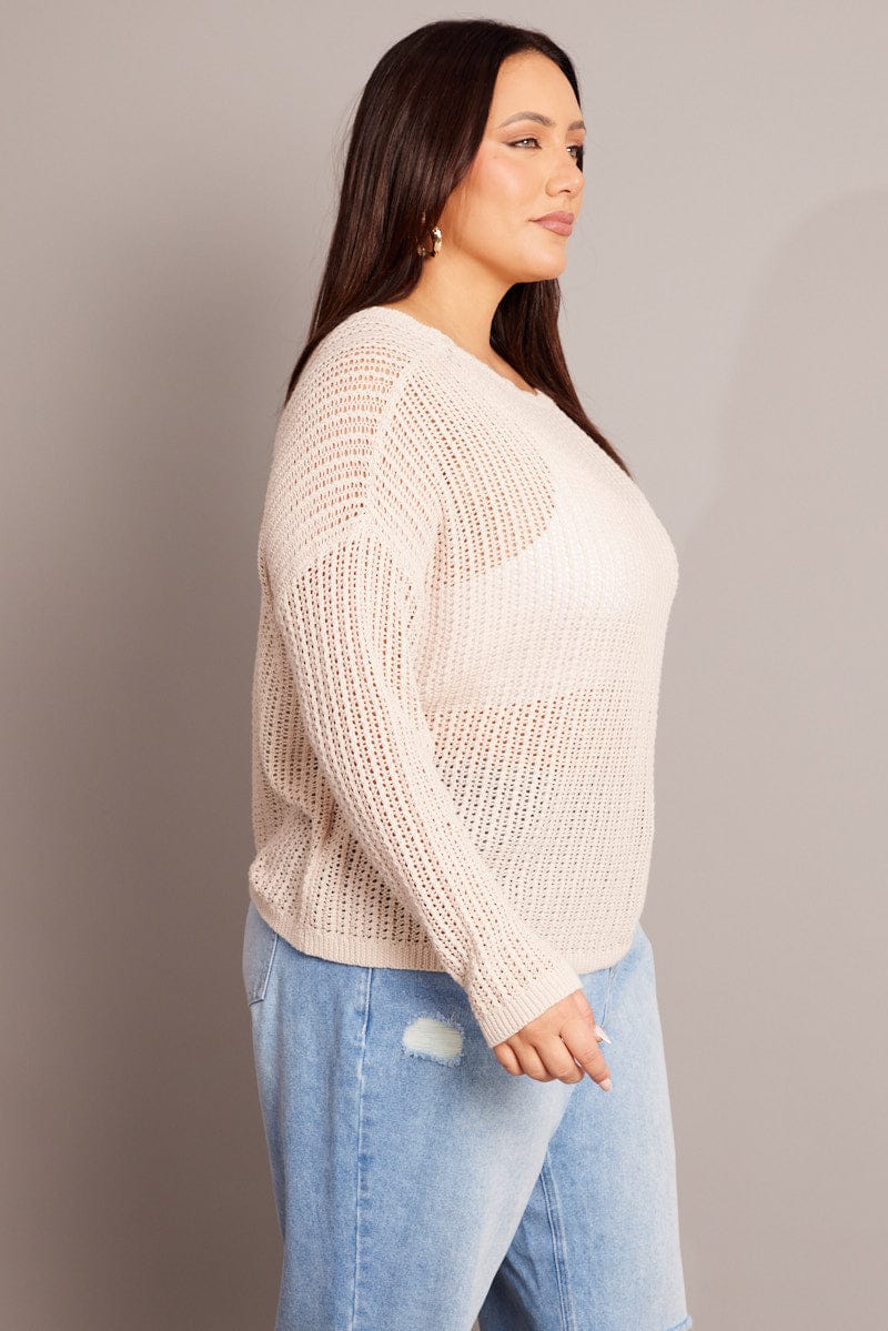 Beige Crochet Knit Top Crew Neck Long Sleeve - Image 4