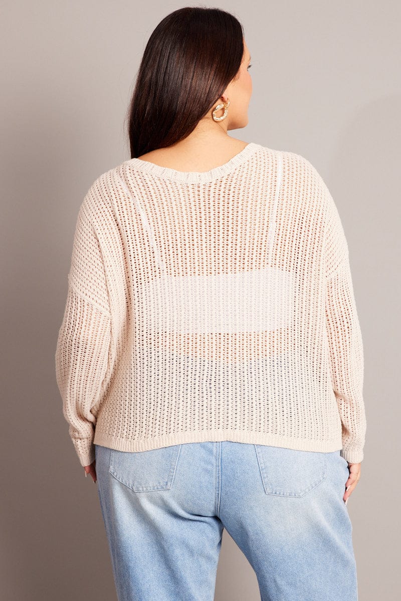 Beige Crochet Knit Top Crew Neck Long Sleeve - Image 5