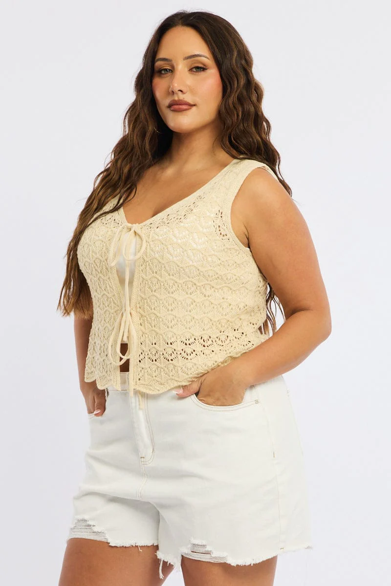 Beige Crochet Knit Vest Tie Up - Image 4