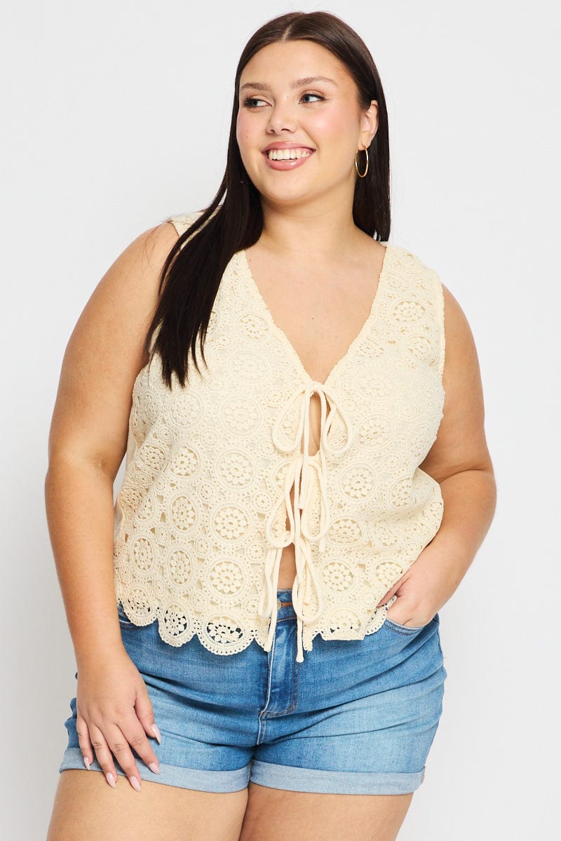 Beige Crochet Vest Tie Front