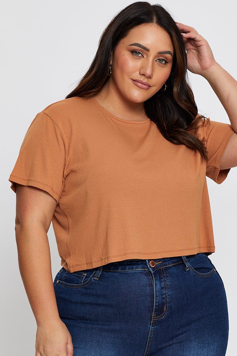 Beige Crop T-shirt Crew Neck Short Sleeve Semi - Image 3