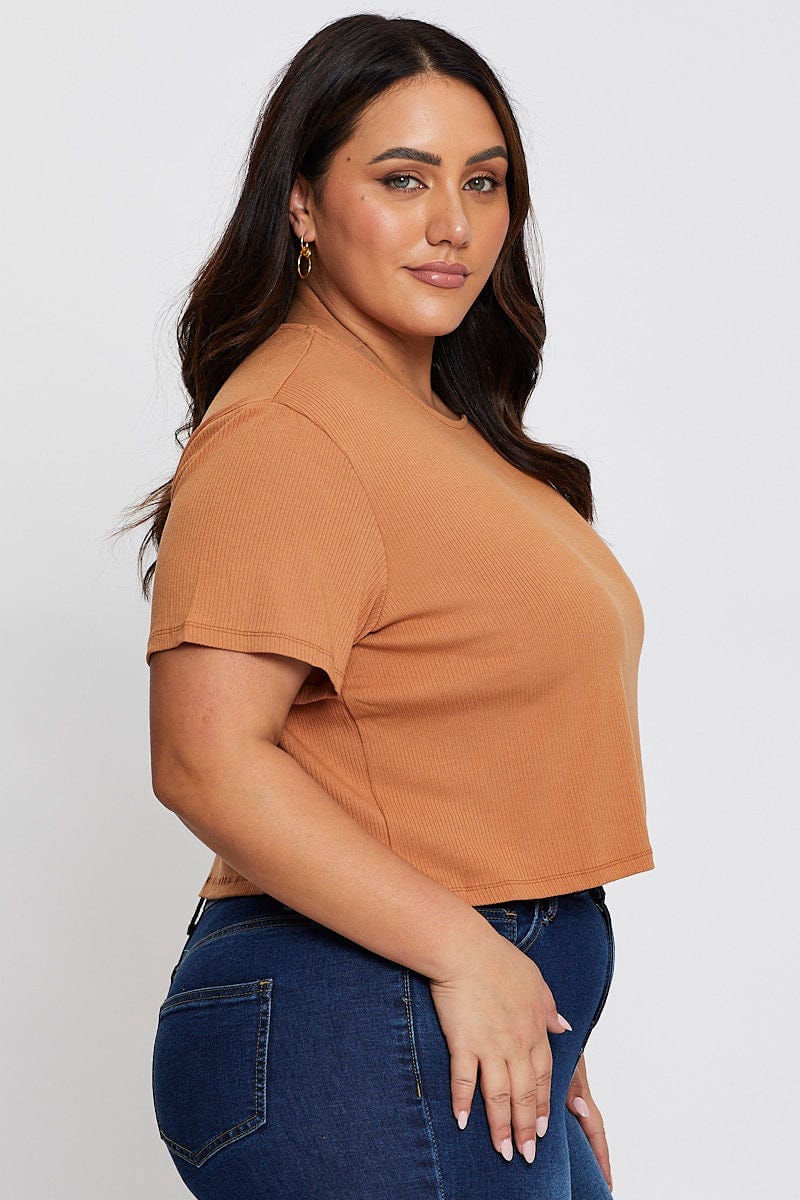 Beige Crop T-shirt Crew Neck Short Sleeve Semi - Image 4