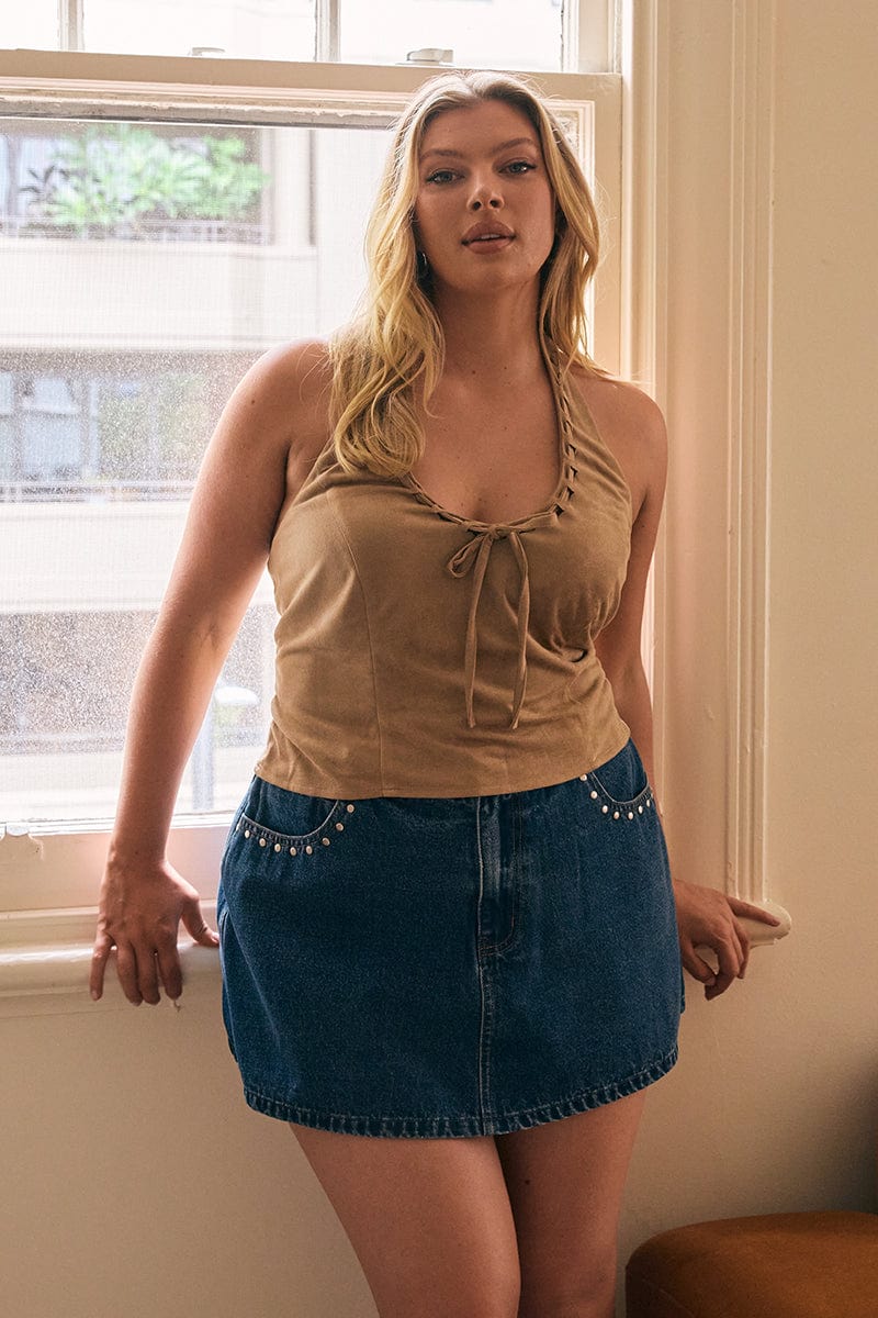 Beige Crop Top Halter Neck Suede