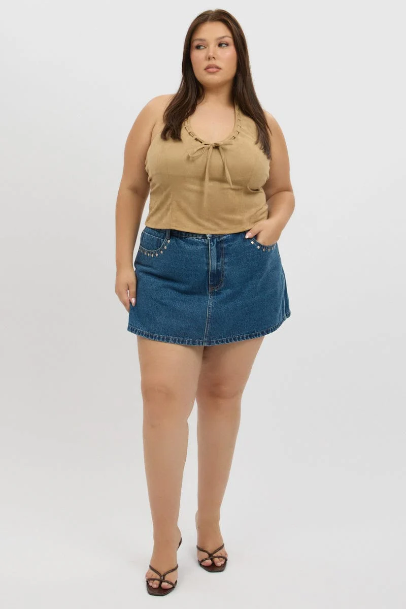 Beige Crop Top Halter Neck Suede - Image 3