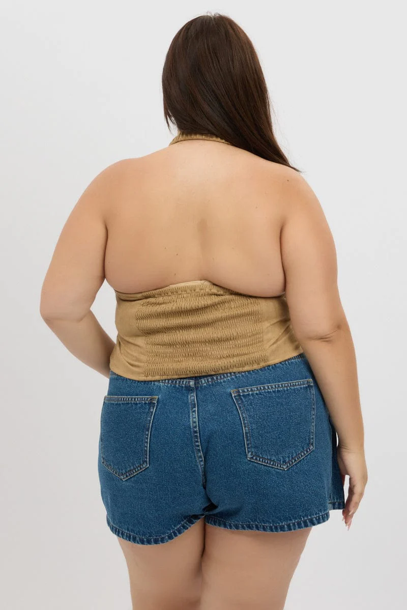 Beige Crop Top Halter Neck Suede - Image 5