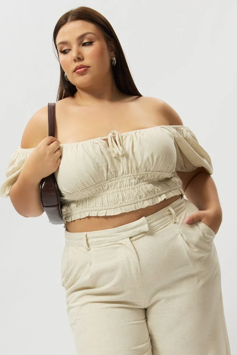Beige Crop Top Short Sleeve Ruched Bust Linen Blend - Image 2