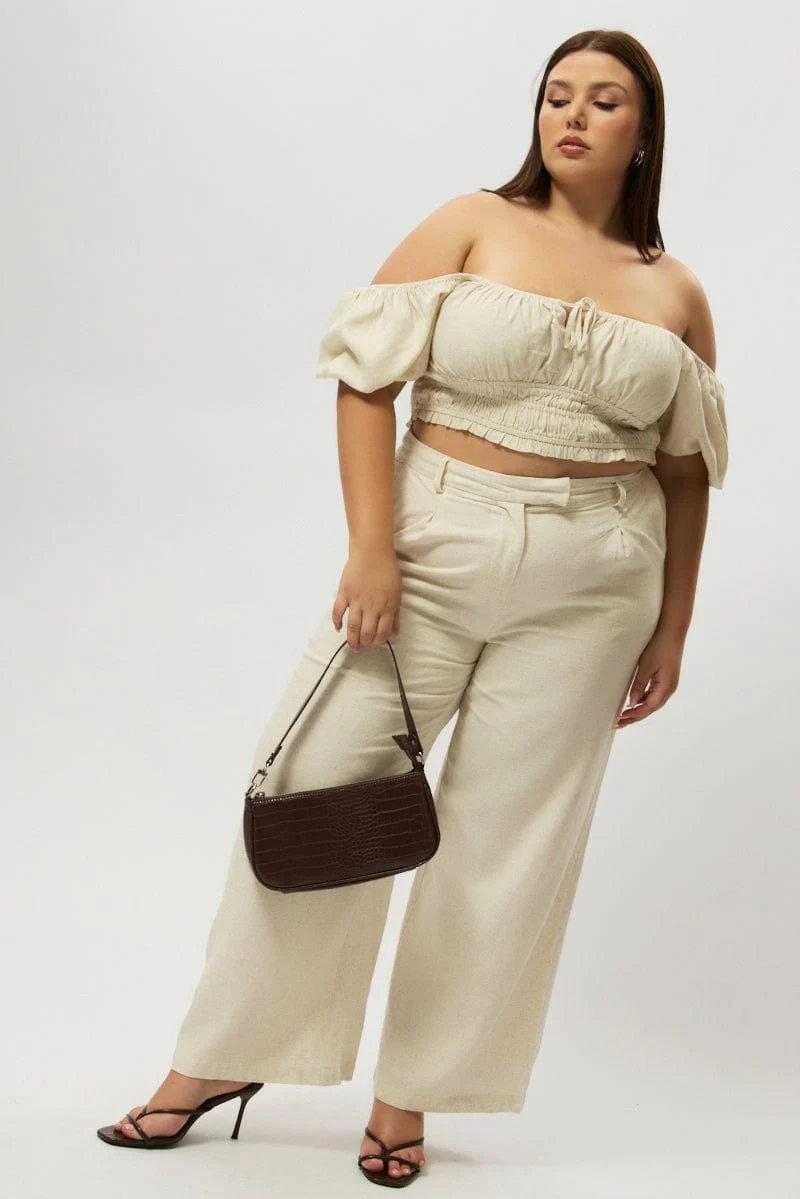 Beige Crop Top Short Sleeve Ruched Bust Linen Blend - Image 3