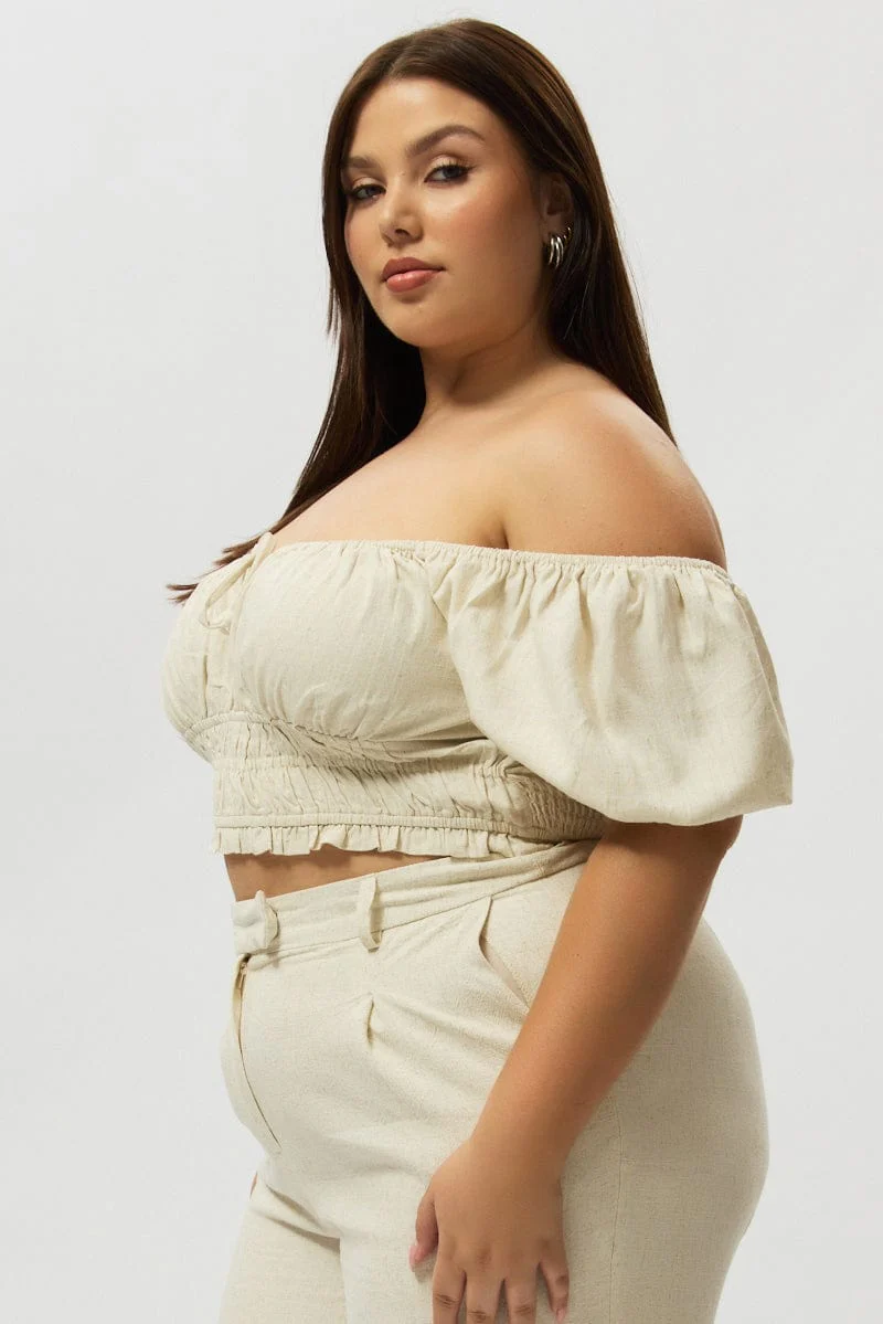 Beige Crop Top Short Sleeve Ruched Bust Linen Blend - Image 4