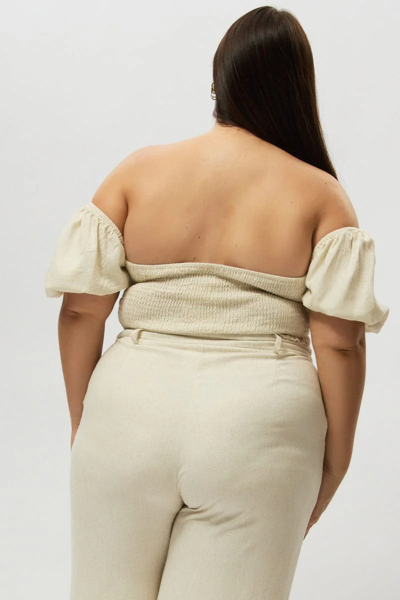Beige Crop Top Short Sleeve Ruched Bust Linen Blend - Image 5