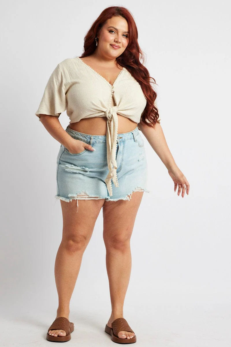 Beige Crop Top Short Sleeve Tie Front Linen Blend - Image 2