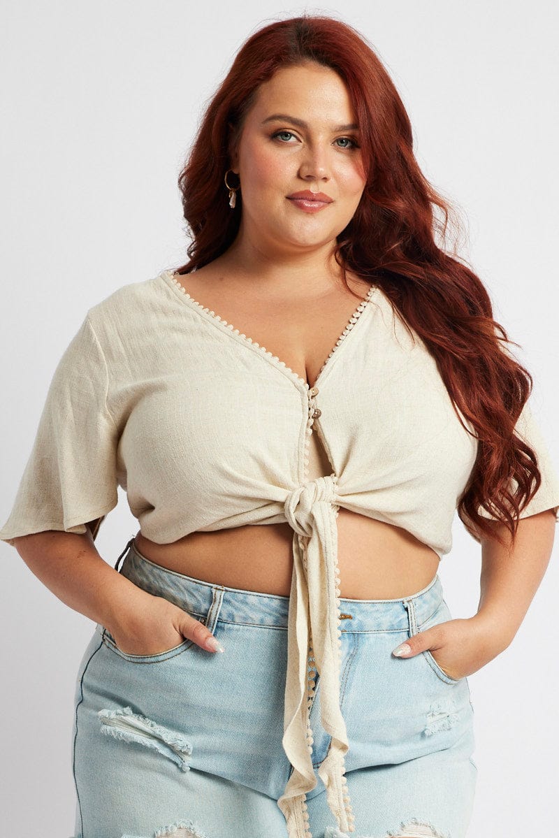 Beige Crop Top Short Sleeve Tie Front Linen Blend - Image 3