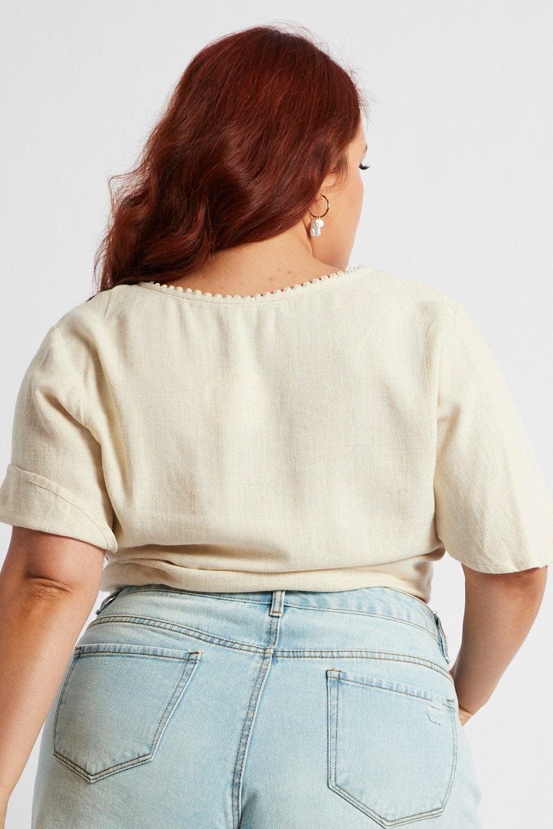 Beige Crop Top Short Sleeve Tie Front Linen Blend - Image 5
