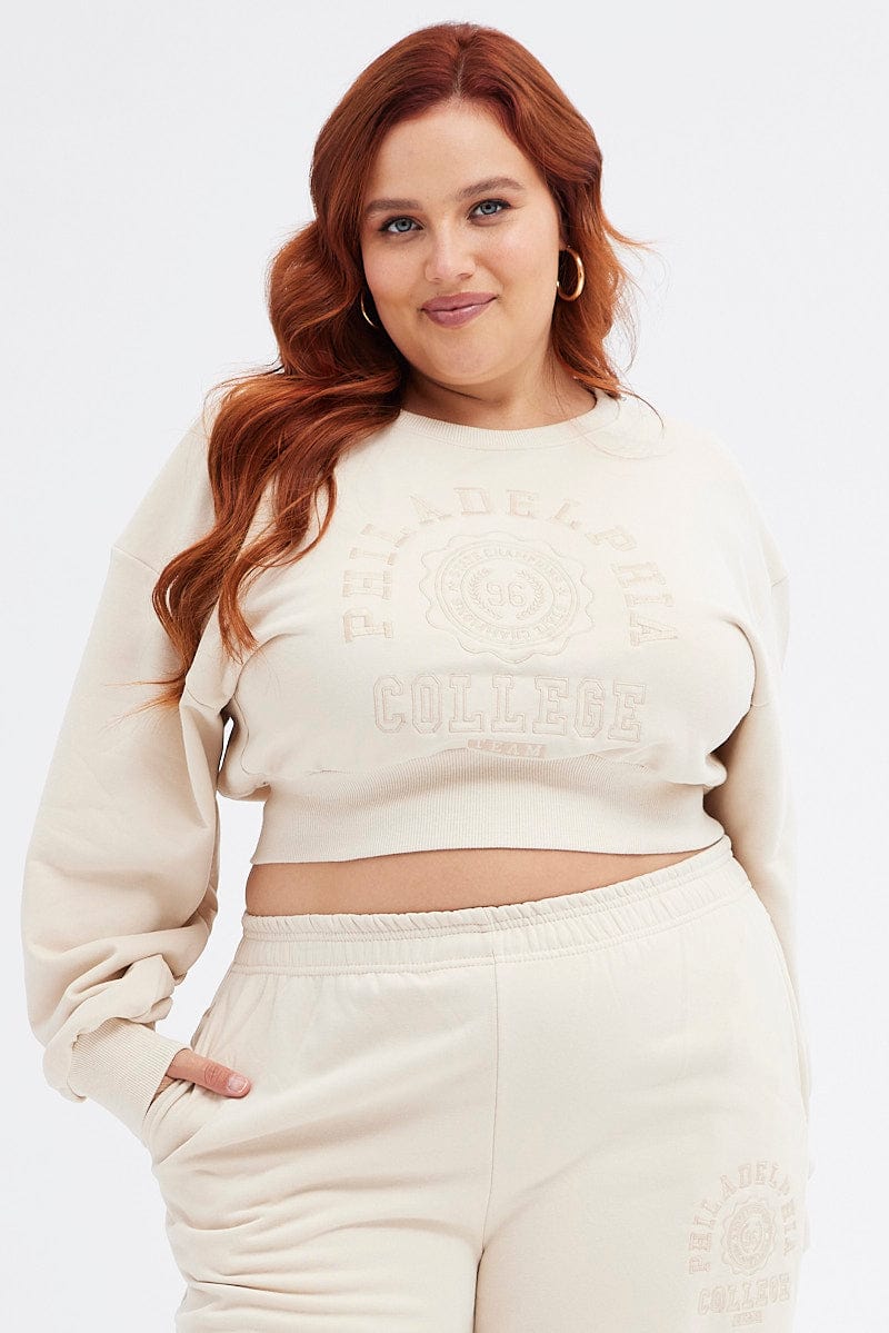 Beige Cropped Sweatshirt Philadelphia Embroidered Fleece - Image 3