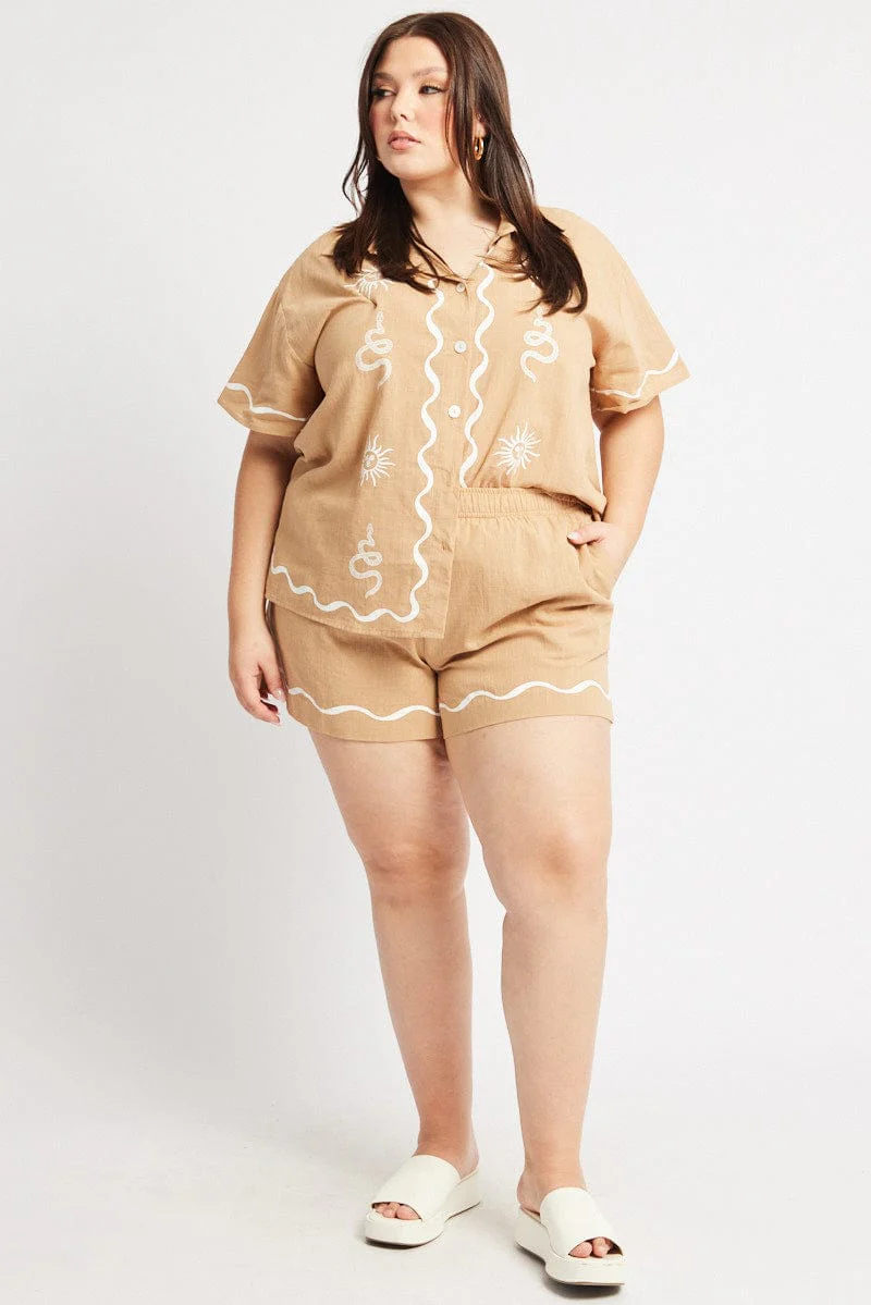Beige Elastic Waist Pull On Shorts - Image 2