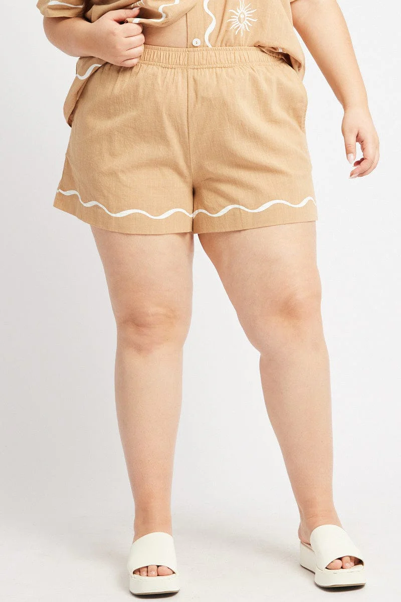 Beige Elastic Waist Pull On Shorts - Image 3