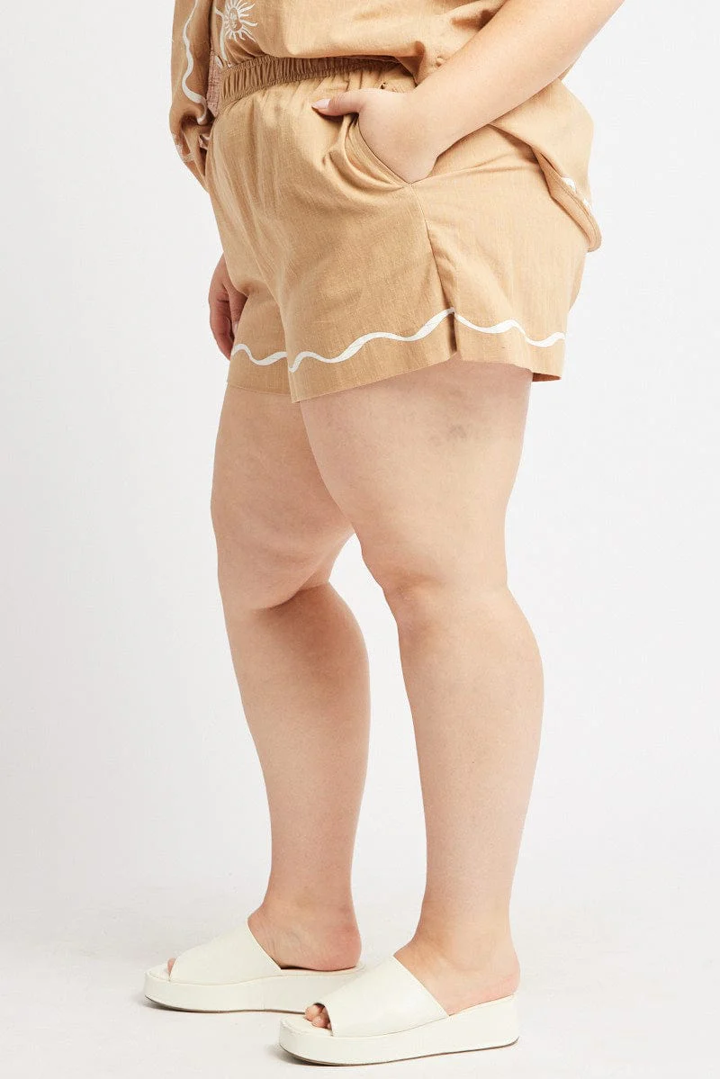 Beige Elastic Waist Pull On Shorts - Image 4