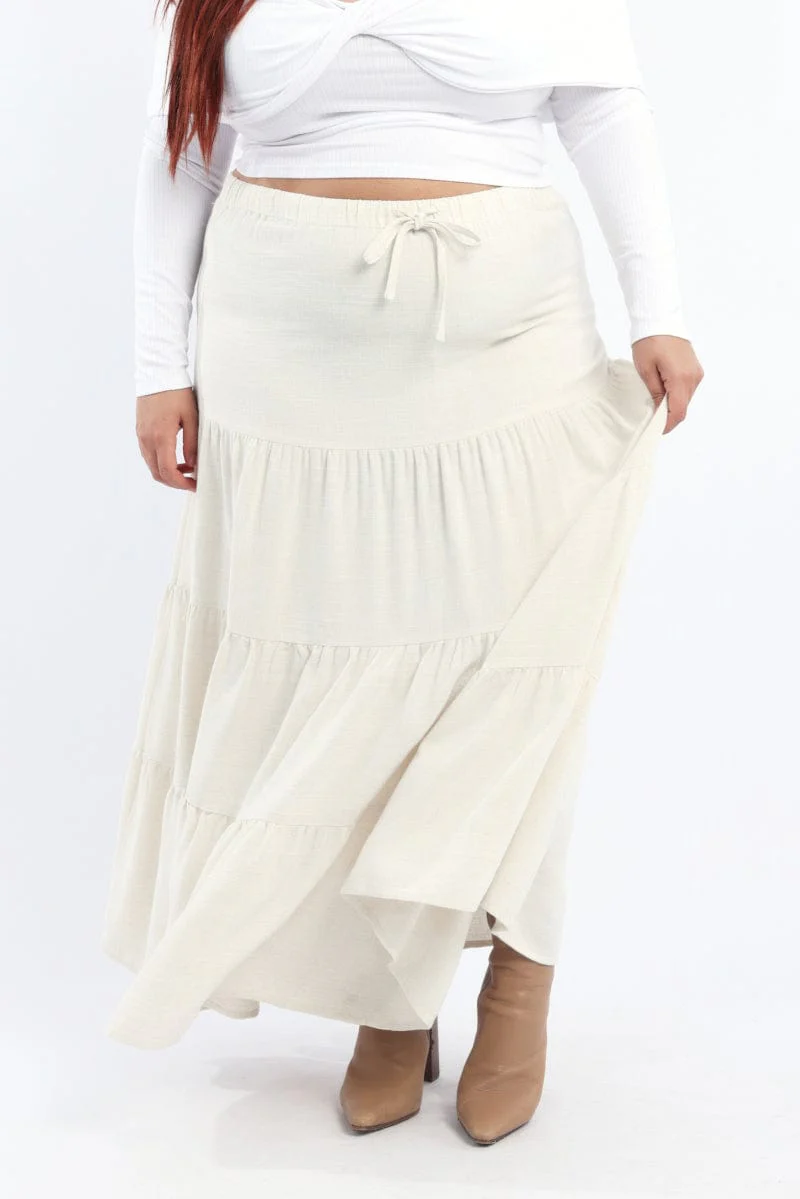 Beige Elastic Waist Tiered Linen Blend Maxiskirt - Image 2