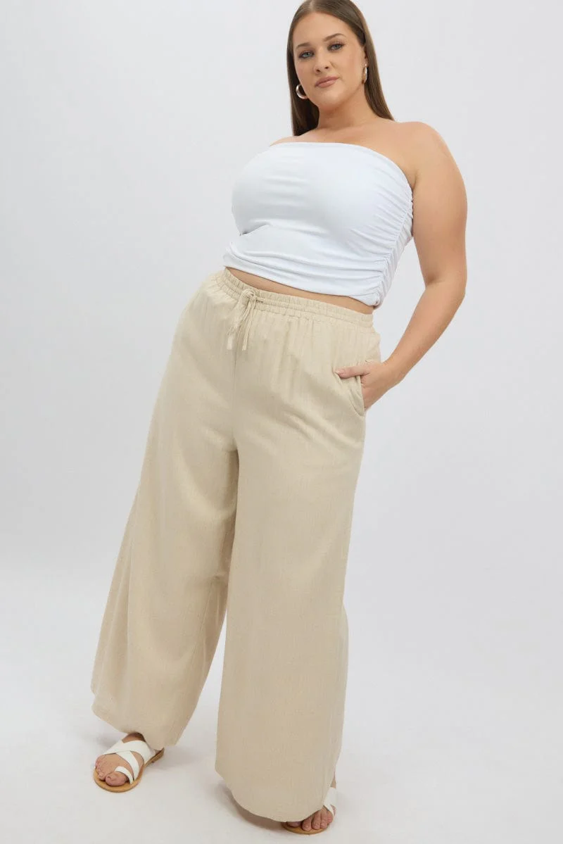 Beige Elastic Waist Wide Leg Linen Viscose Pants