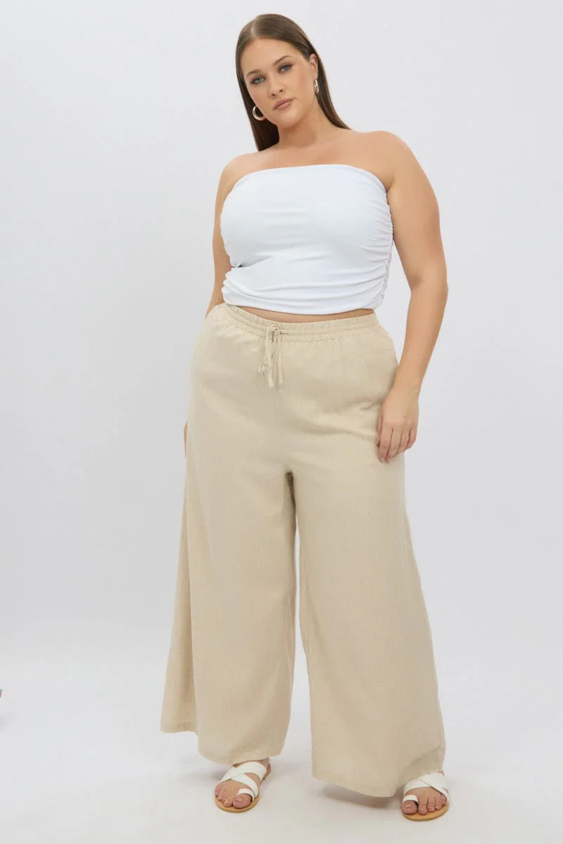 Beige Elastic Waist Wide Leg Linen Viscose Pants - Image 2