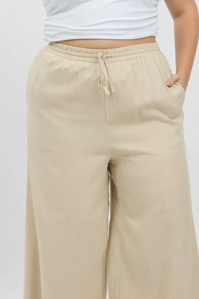 Beige Elastic Waist Wide Leg Linen Viscose Pants - Image 6
