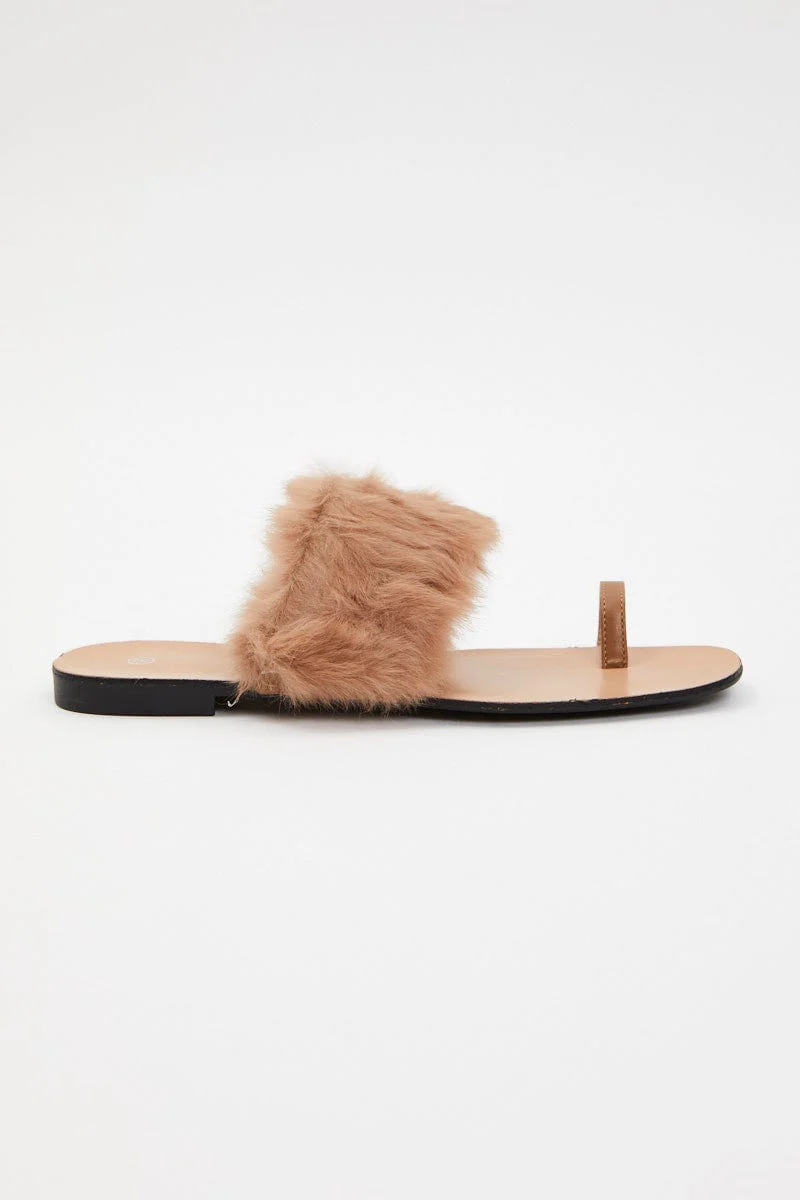 Beige Faux Fur Flat Slides - Image 2