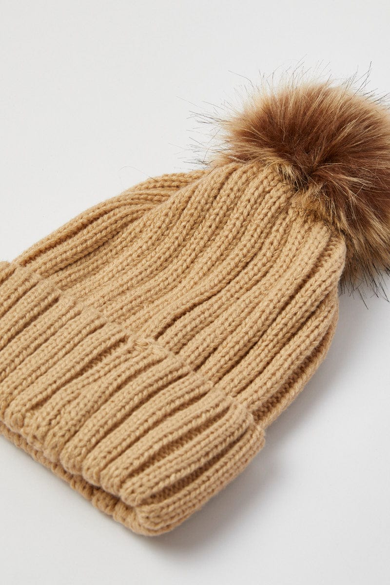Beige Faux Fur Pom Pom Beanie - Image 2