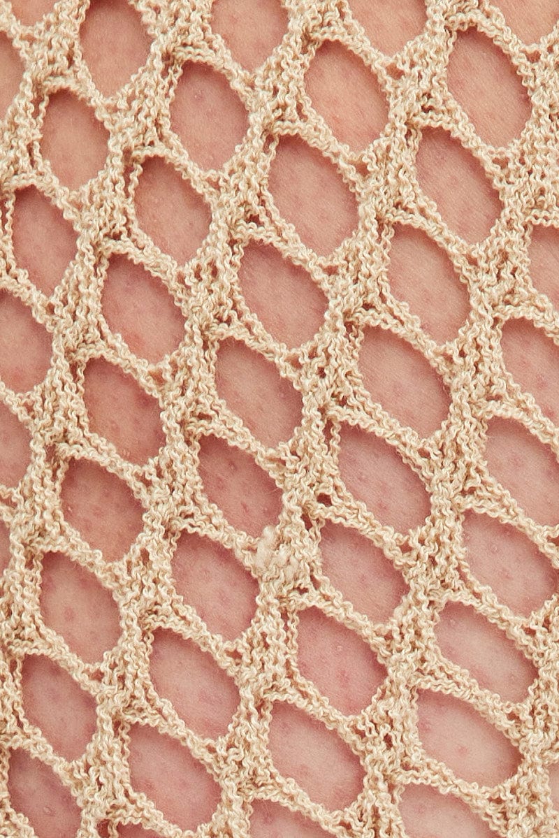 Beige Fishnet Knit Top Long Sleeve Square Neck - Image 6