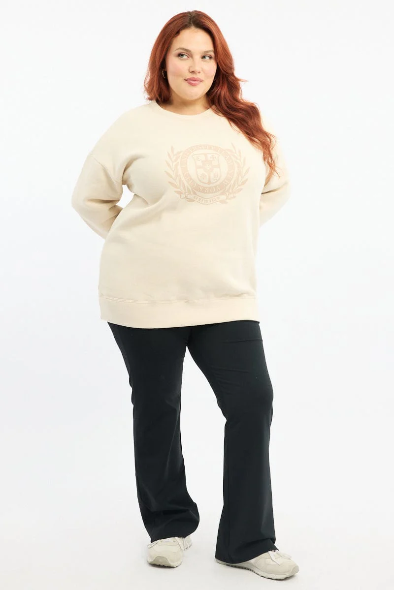Beige Fleece Sweatshirt Collegiate Long Sleeve Longline - Image 2
