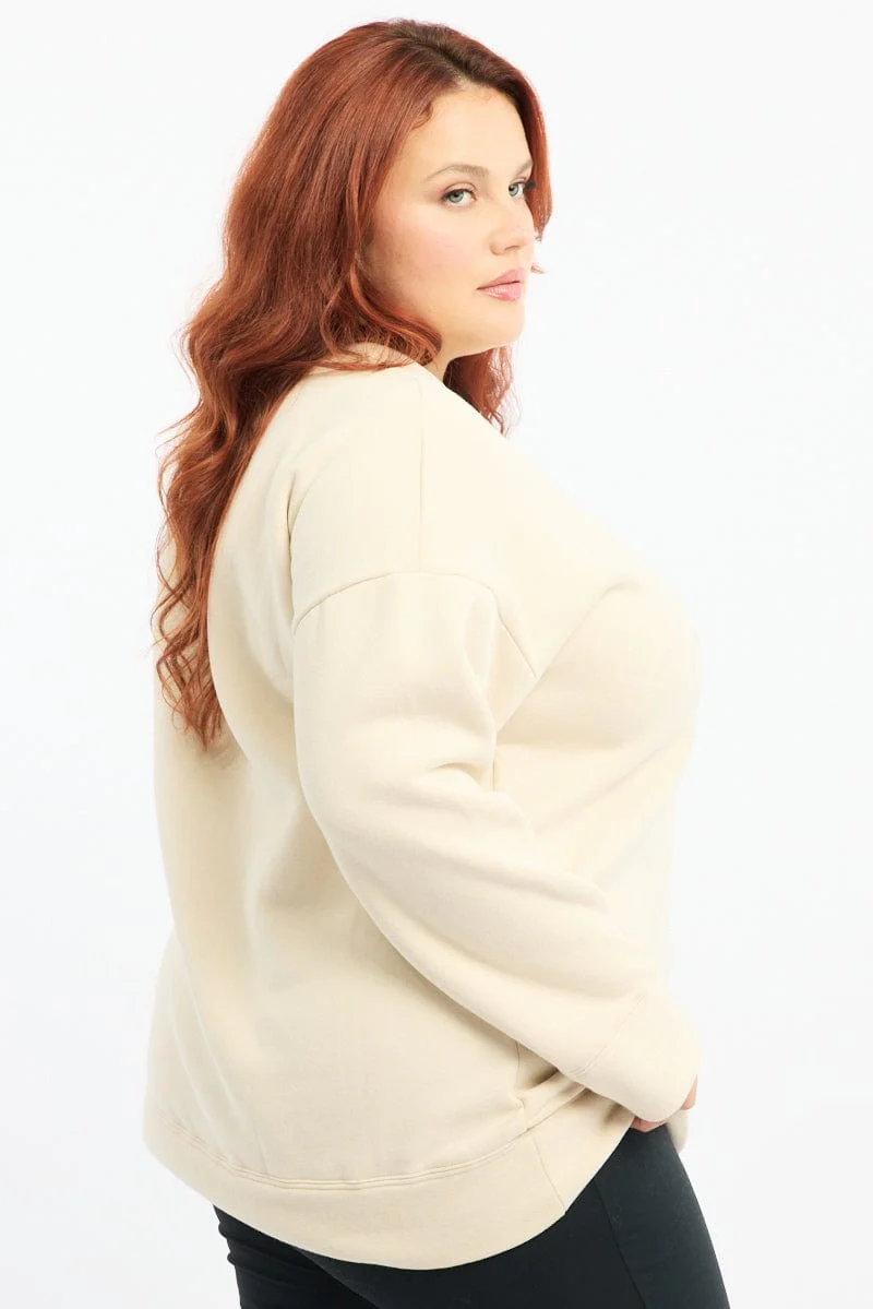 Beige Fleece Sweatshirt Collegiate Long Sleeve Longline - Image 3
