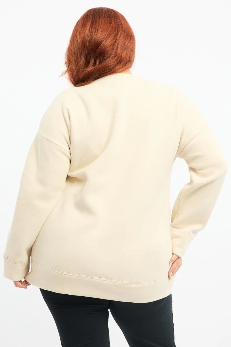 Beige Fleece Sweatshirt Collegiate Long Sleeve Longline - Image 4