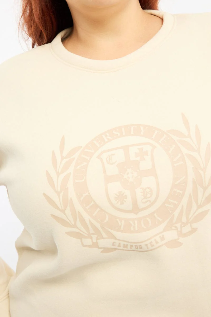 Beige Fleece Sweatshirt Collegiate Long Sleeve Longline - Image 5