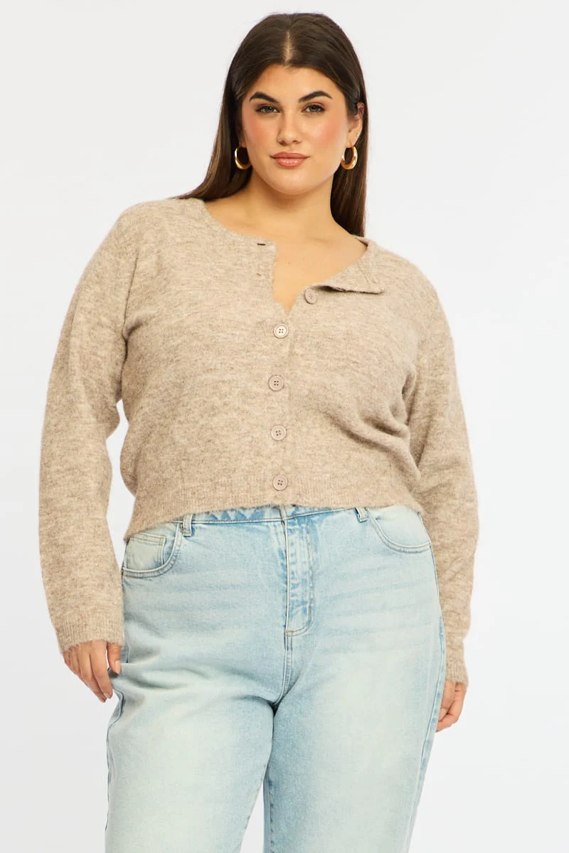 Beige Fluffy Knit Cardigan Long Sleeve - Image 4