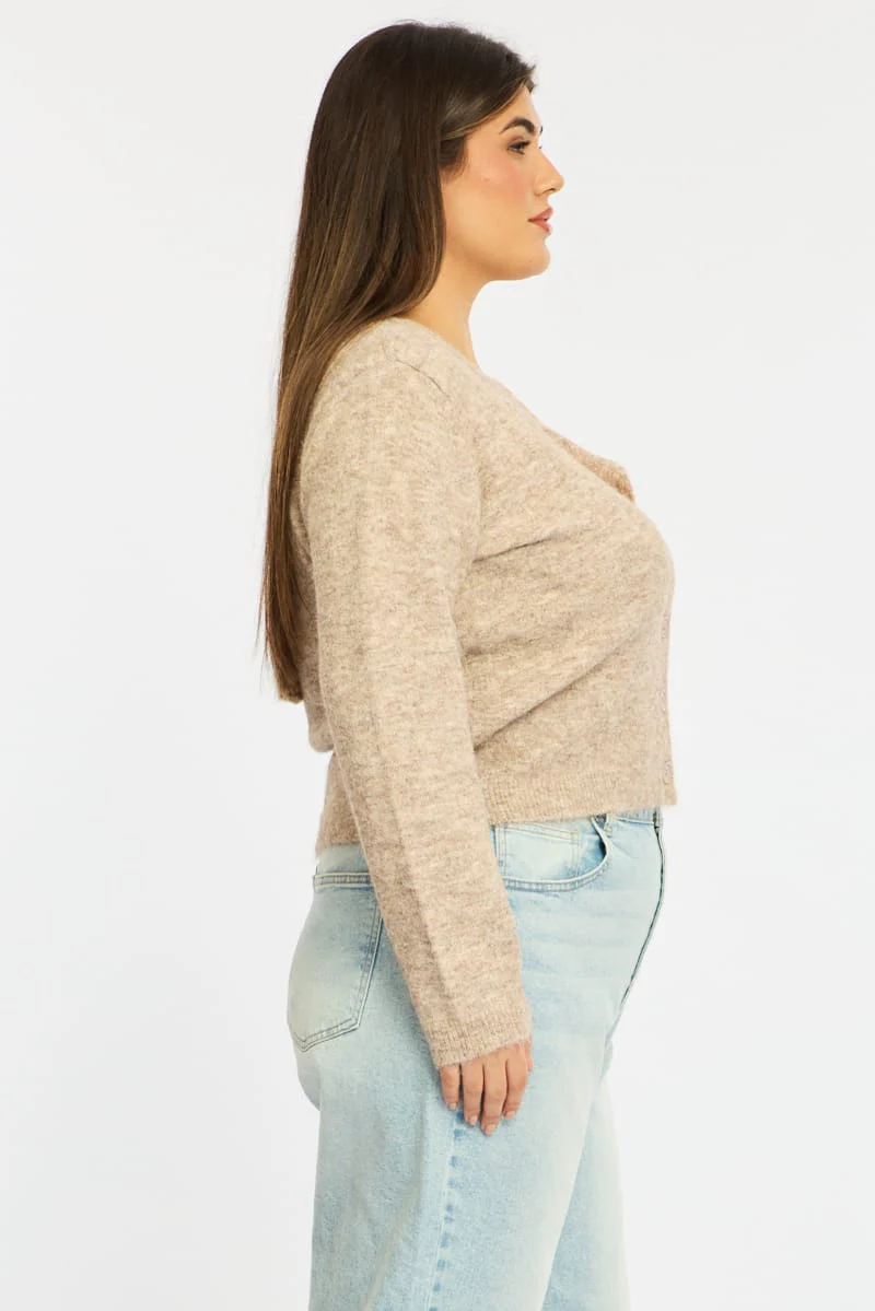 Beige Fluffy Knit Cardigan Long Sleeve - Image 5
