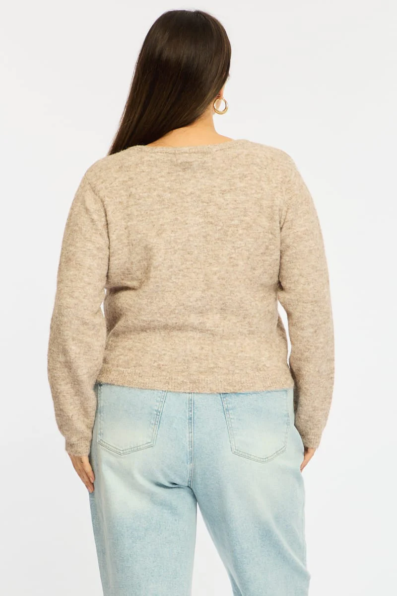 Beige Fluffy Knit Cardigan Long Sleeve - Image 6