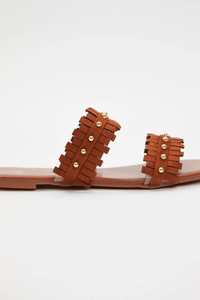 Beige Fringe Detail Flat Slides - Image 4