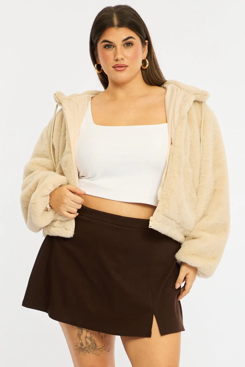 Beige Fur Jacket Long Sleeve Hoodie - Image 2