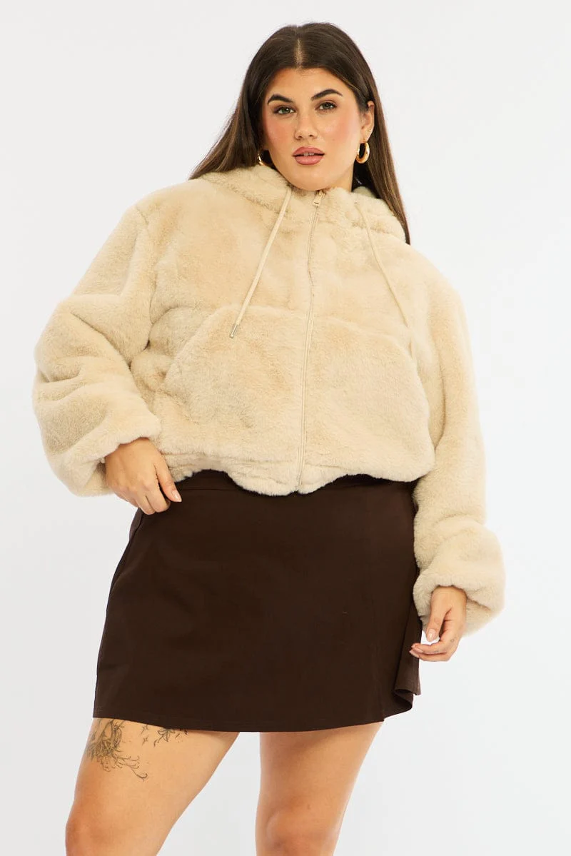Beige Fur Jacket Long Sleeve Hoodie - Image 4