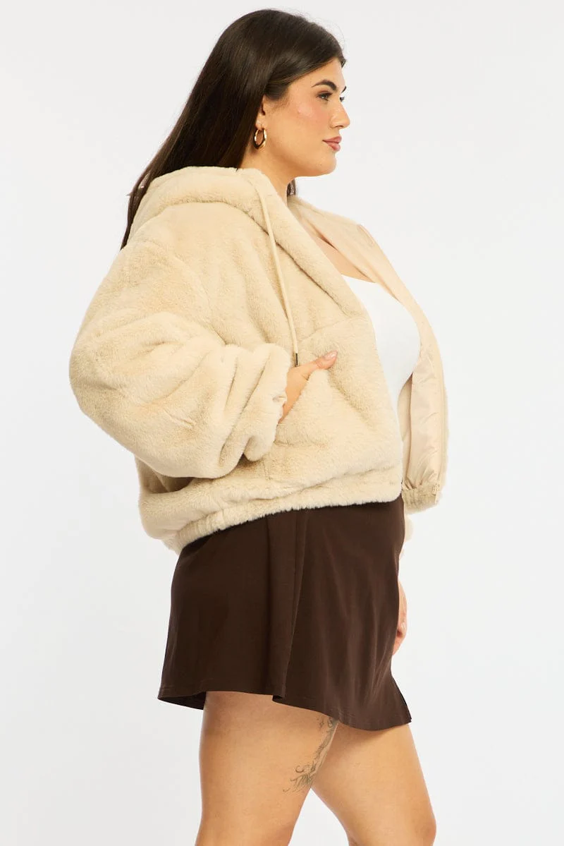 Beige Fur Jacket Long Sleeve Hoodie - Image 5