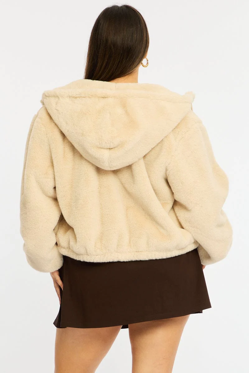 Beige Fur Jacket Long Sleeve Hoodie - Image 6