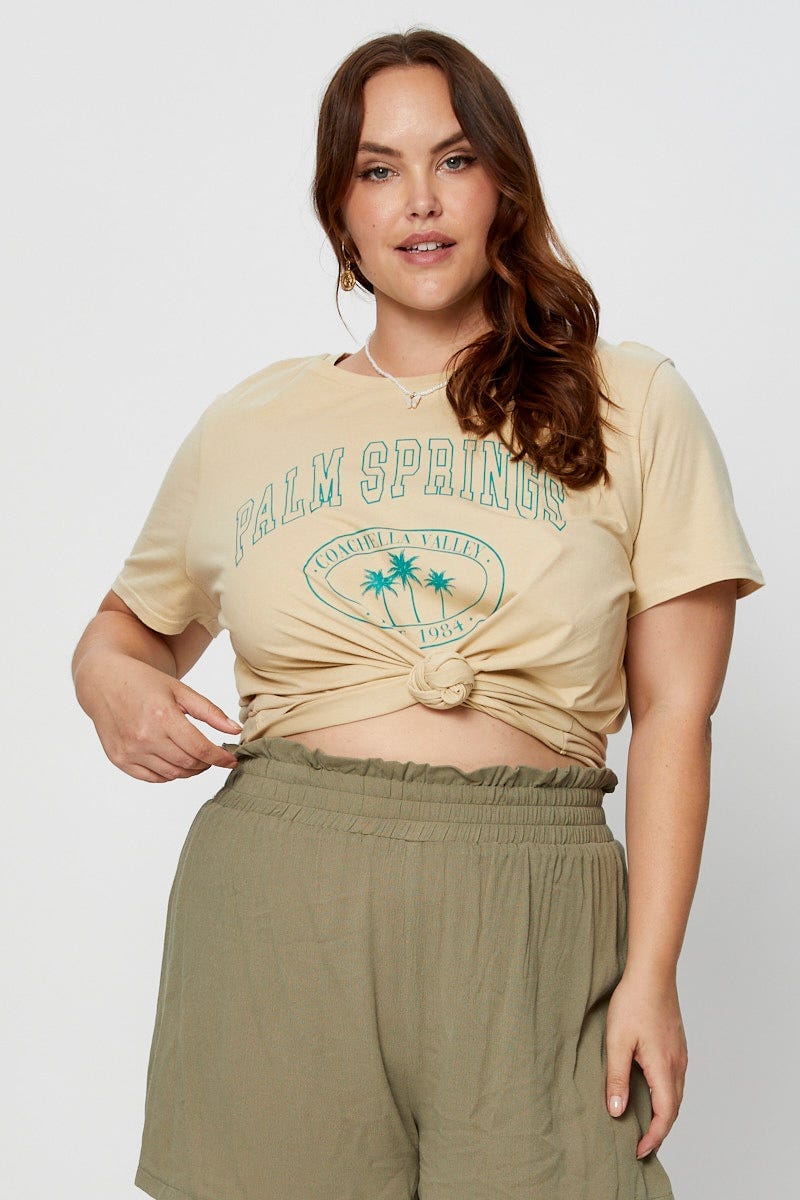 Beige Graphic T-shirt Crew Neck