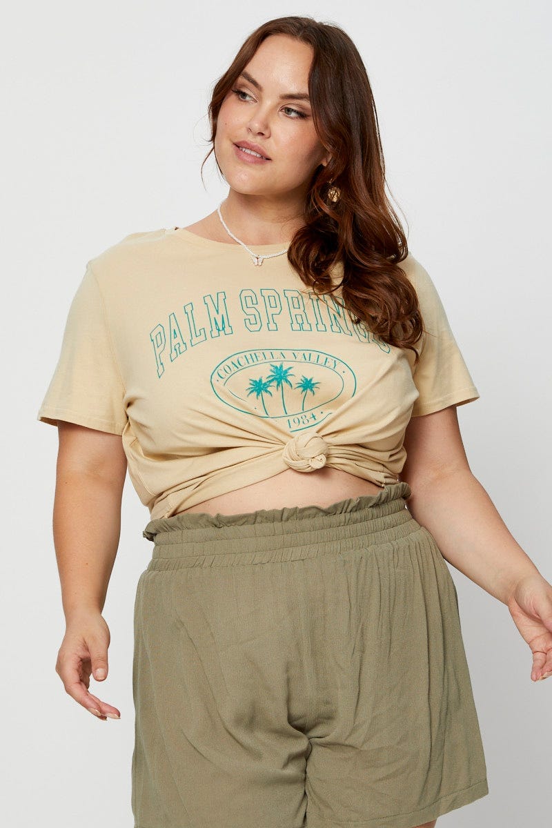 Beige Graphic T-shirt Crew Neck - Image 3
