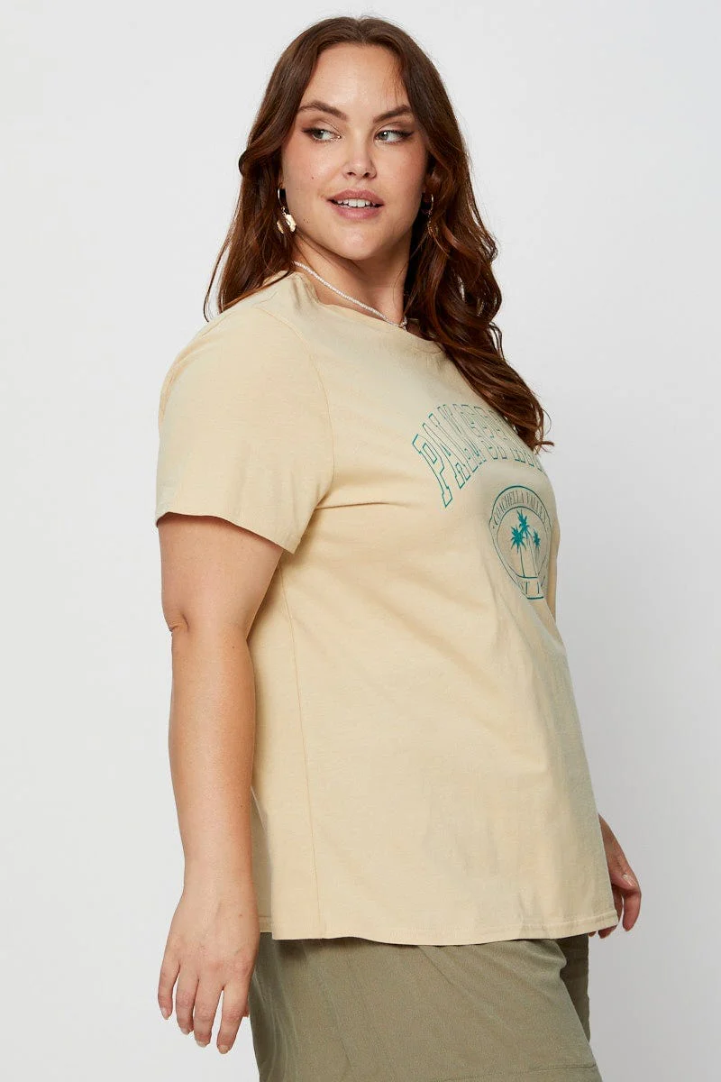 Beige Graphic T-shirt Crew Neck - Image 4