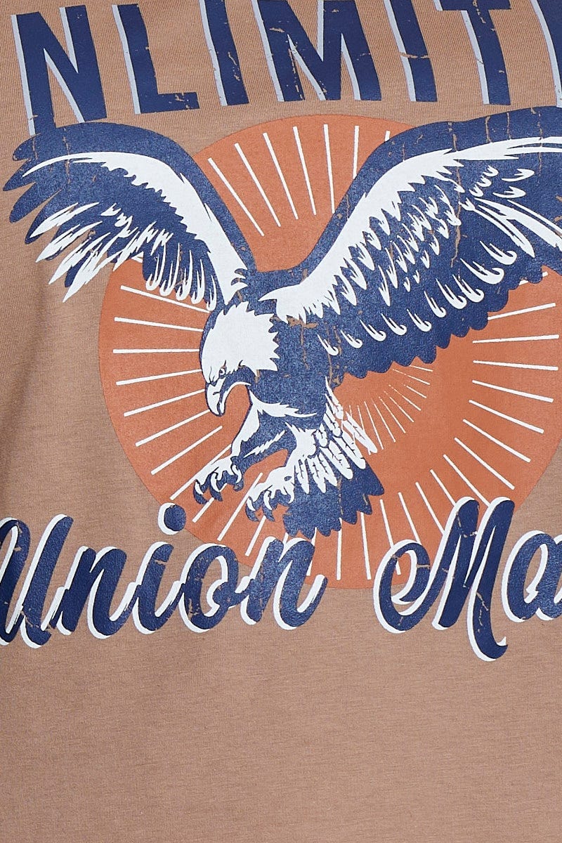 Beige Graphic T-shirt Eagle Short Sleeve Cotton - Image 6
