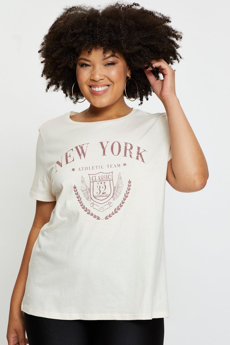 Beige Graphic T-shirt New York Crew Neck Short Sleeve