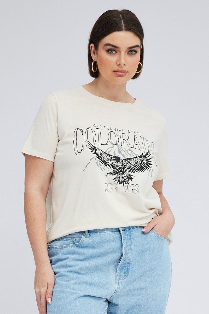 Beige Graphic T-shirt Short Sleeve Crew Neck