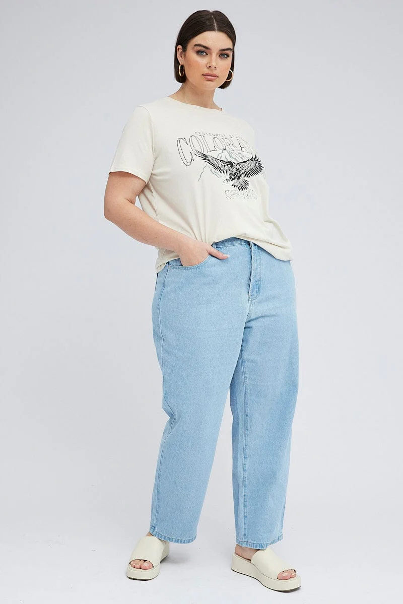 Beige Graphic T-shirt Short Sleeve Crew Neck - Image 2